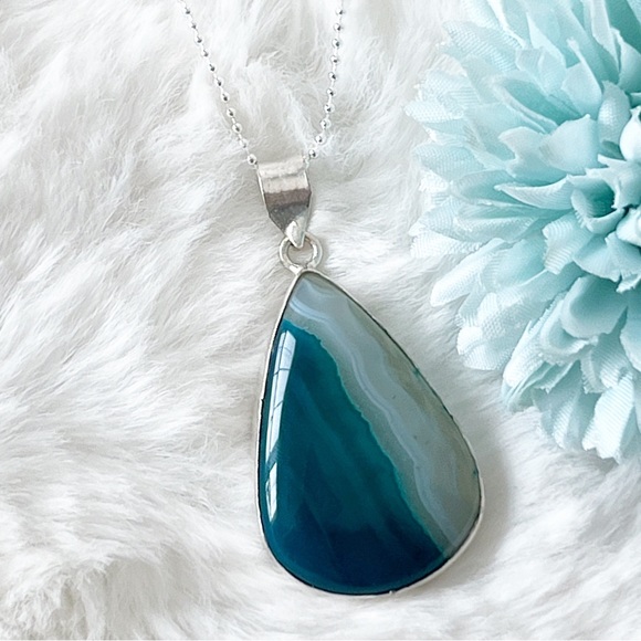 Teal Lace Onyx Gemstone Pendant Necklace Sterling Silver 925 Pear Cut New - Picture 5 of 10